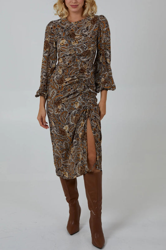 Halley Ruched Paisley Print Midi Dress